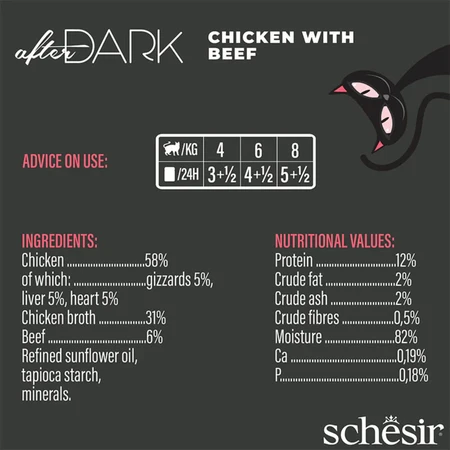 SCHESIR After Dark, Chicken and Beef, nourriture humide en conserve sans céréales pour chats, (en soupe), 80g