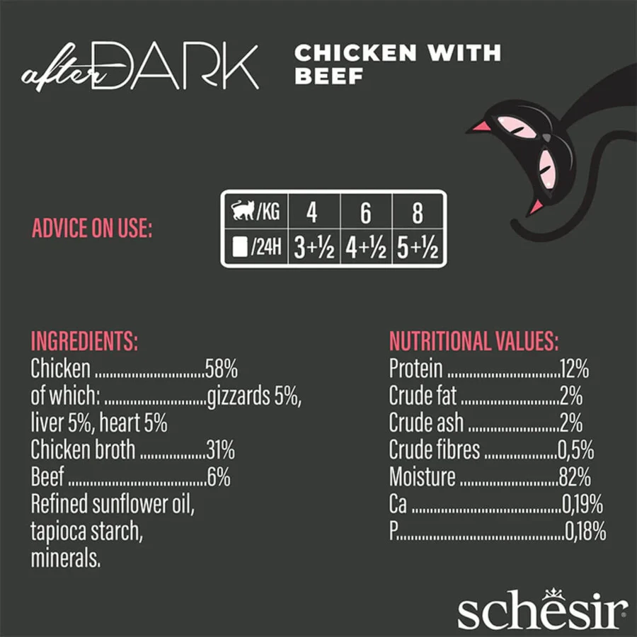 SCHESIR After Dark, Chicken and Beef, nourriture humide en conserve sans céréales pour chats, (en soupe), 80g