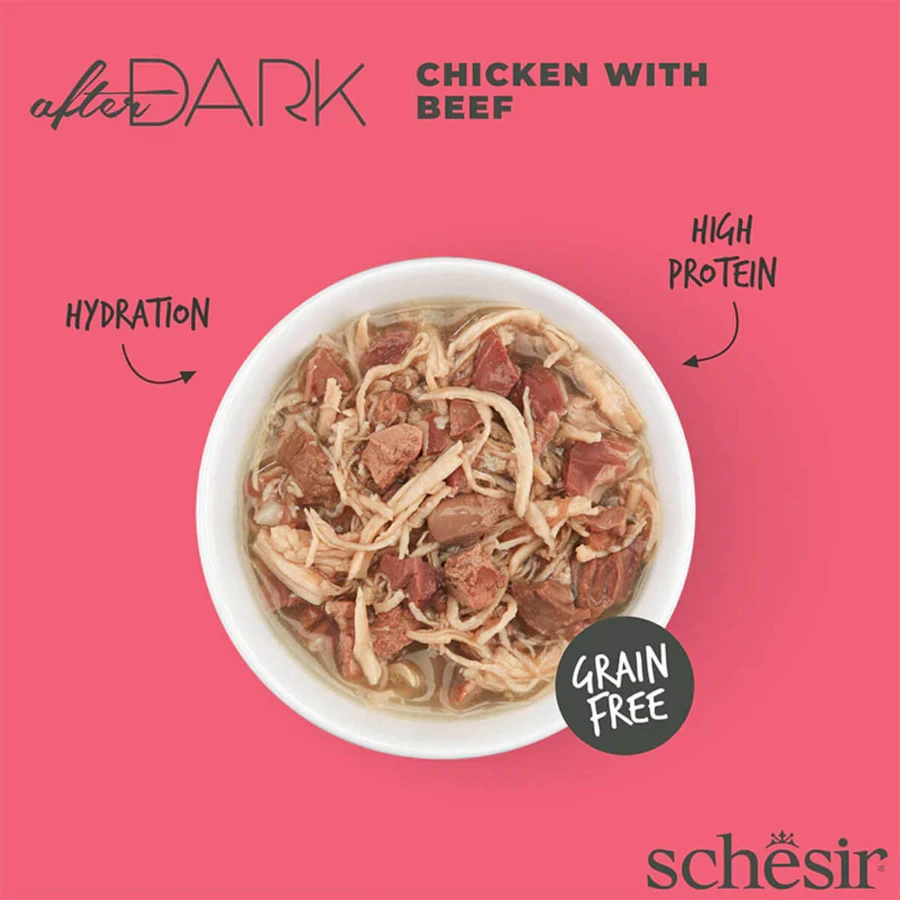 SCHESIR After Dark, Chicken and Beef, nourriture humide en conserve sans céréales pour chats, (en soupe), 80g