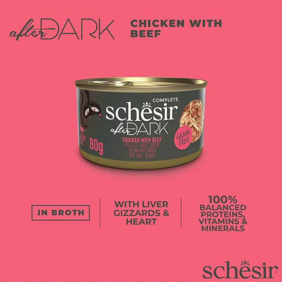 SCHESIR After Dark, Chicken and Beef, nourriture humide en conserve sans céréales pour chats, (en soupe), 80g