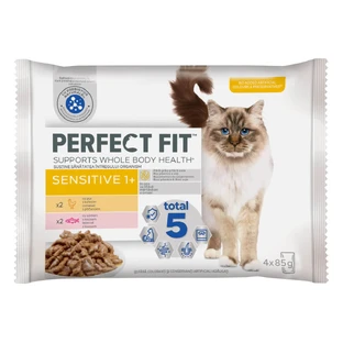 PERFECT FIT Cat Sensitive 1+ , Poulet et saumon, sachet de nourriture humide pour chat, système digestif, (en sauce), multipack, 85g x 4pcs