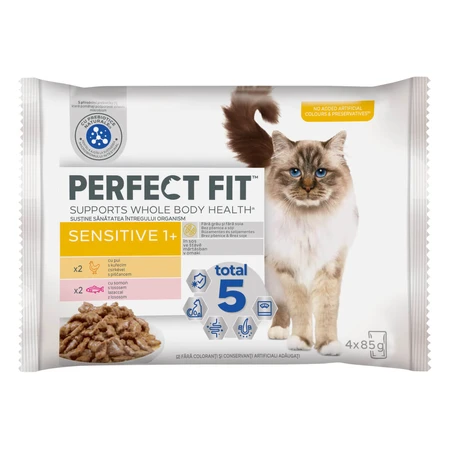 PERFECT FIT Cat Sensitive 1+ , Poulet et saumon, sachet de nourriture humide pour chat, système digestif, (en sauce), multipack, 85g x 4pcs