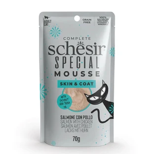 SCHESIR Especial Piel y Pelaje, Salmón y Pollo, sobre de comida húmeda sin cereales para gatos, piel y pelaje, (mousse), 70g