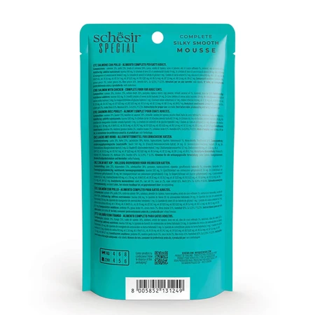 SCHESIR Especial Piel y Pelaje, Salmón y Pollo, sobre de comida húmeda sin cereales para gatos, piel y pelaje, (mousse), 70g