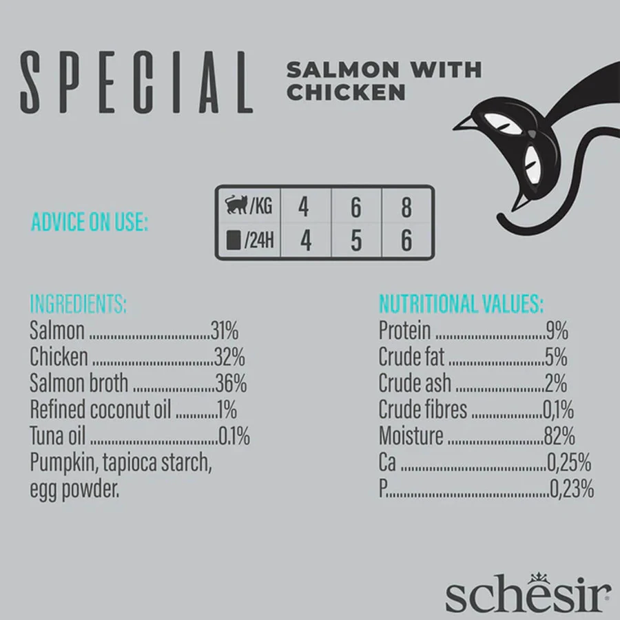 SCHESIR Especial Piel y Pelaje, Salmón y Pollo, sobre de comida húmeda sin cereales para gatos, piel y pelaje, (mousse), 70g