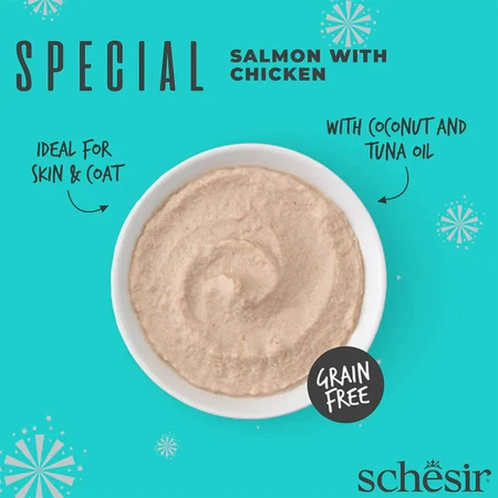SCHESIR Especial Piel y Pelaje, Salmón y Pollo, sobre de comida húmeda sin cereales para gatos, piel y pelaje, (mousse), 70g