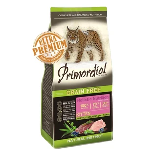 PRIMORDIAL Holistic Kitten, Pato y Pavo, alimento seco sin cereales para gatos junior, 400g