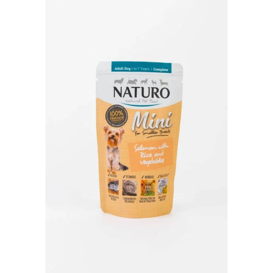 NATURO Mini, XS-S, Lachs und Reis, Beutel mit feuchtem Hundefutter, (im eigenen Saft), 150g