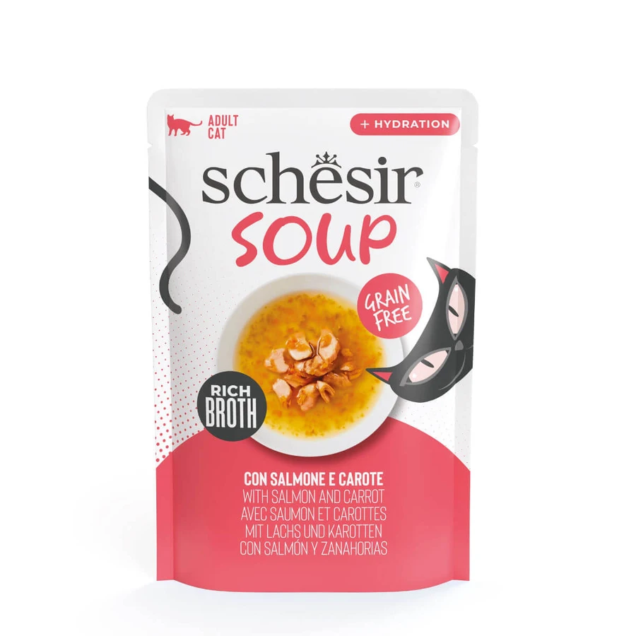 SCHESIR Aanvullende Soep, Zalm en Wortel, zakje graanvrij nat kattenvoer, (in soep), 40g