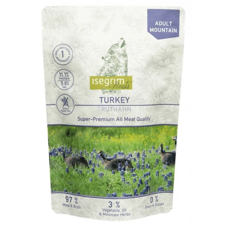 ISEGRIM, XS-XL, Pavo, sobre, mono proteína, comida húmeda sin cereales para perros, (en salsa), 410g