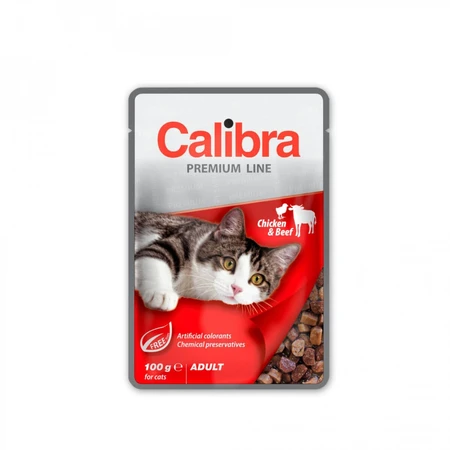 CALIBRA Premium Line, Pollo y Ternera, sobre comida húmeda para gatos, (en su propio jugo), 100g