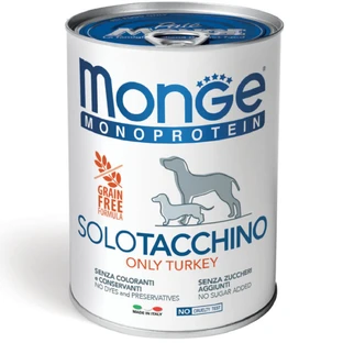 MONGE Monoprotein, XS-XL, kalkoen, ingeblikt enkelvoudig eiwit graanvrij natvoer voor honden, (paté), 400g