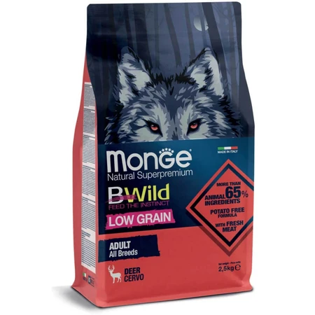 MONGE BWild, XS-XL, Hirsch, getreidearmes Trockenfutter für Hunde, 2,5kg