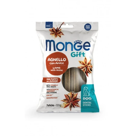 MONGE Gift Puppy&Junior Mini Dental Sticks, XS-S, Miel y Anís, bolsita funcional de recompensa sin cereales para perros junior, 120g