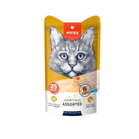 WANPY Creamy Treat Surtido 8 Sabores, Atún, Salmón y Pollo, bolsa de recompensa para gatos, (puré), 350g