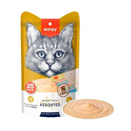WANPY Creamy Treat Surtido 8 Sabores, Atún, Salmón y Pollo, bolsa de recompensa para gatos, (puré), 350g