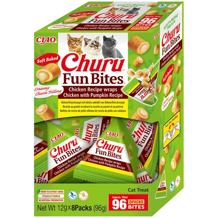INABA Churu Churu Fun Bites, Huhn und Kürbis, getreidefreie Katzenbelohnungsbox, 96g