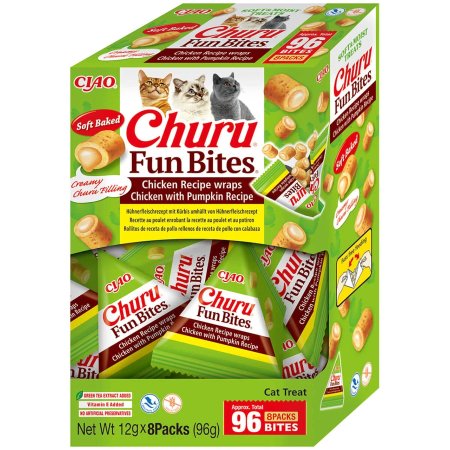 INABA Churu Churu Fun Bites, Huhn und Kürbis, getreidefreie Katzenbelohnungsbox, 96g