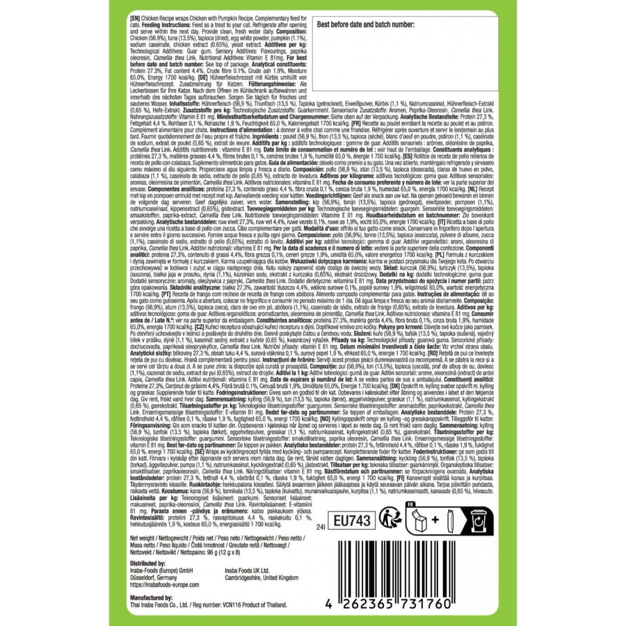 INABA Churu Churu Fun Bites, Huhn und Kürbis, getreidefreie Katzenbelohnungsbox, 96g