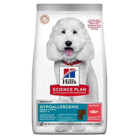 HILL'S Science Plan No Grain Hypoallergenic, M, Salmón, alimento seco sin cereales para perros, sistema digestivo, alergias, 2.5kg