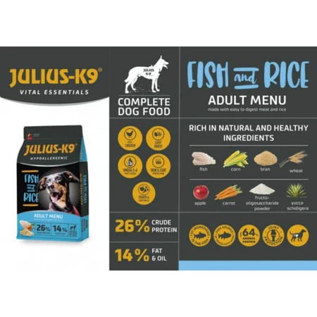 JULIUS-K9 Hypoallergenic Adult Menu, XS-XL, poisson et riz, nourriture sèche pour chiens, allergies, 3kg