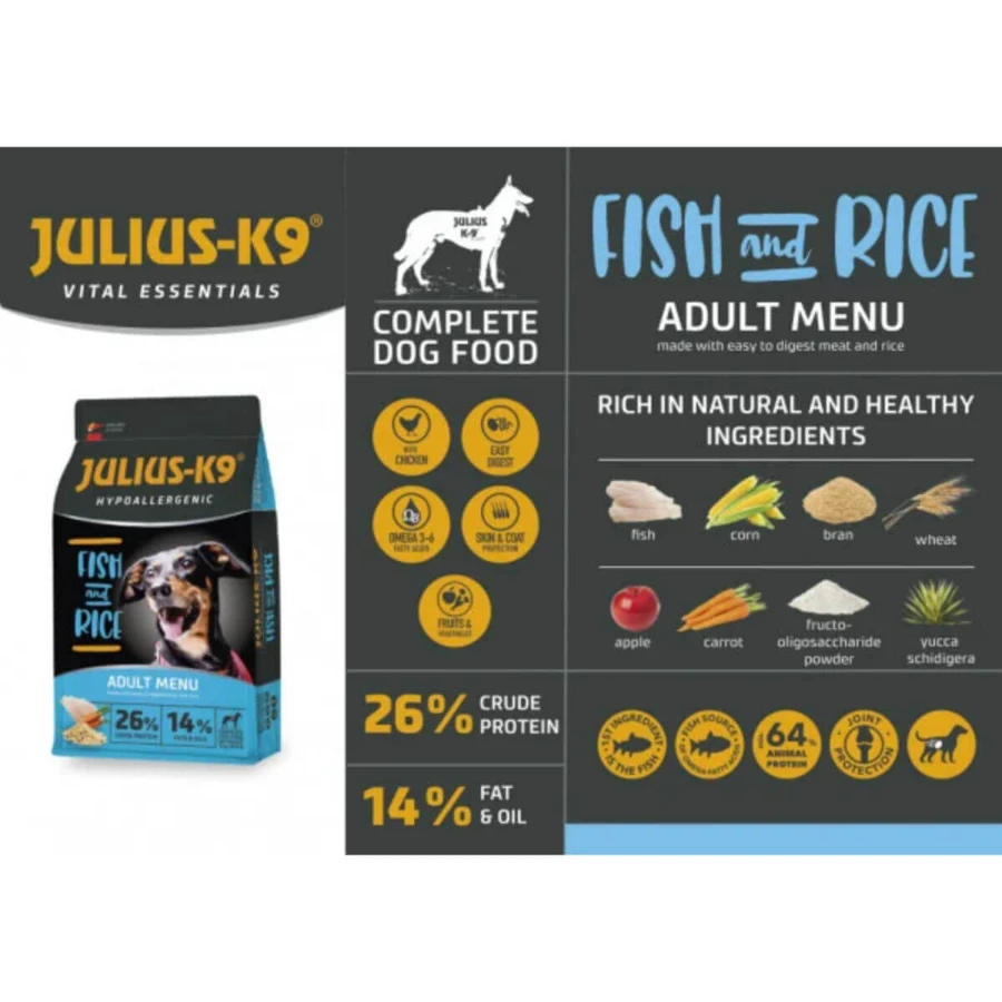 JULIUS-K9 Hypoallergenic Adult Menu, XS-XL, poisson et riz, nourriture sèche pour chiens, allergies, 3kg