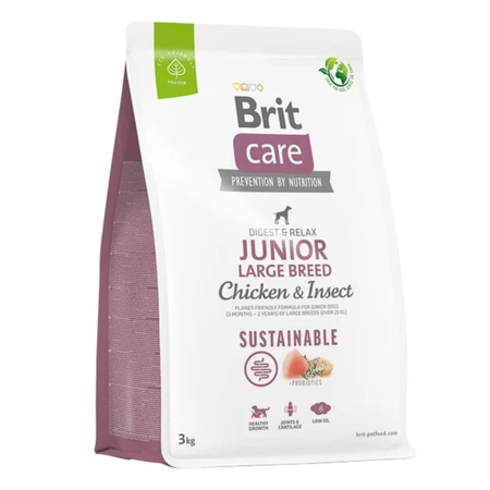 BRIT Care Sustainable Junior Large Breed, L-XL, Chicken and Insects, nourriture sèche pour chiens juniors, système digestif, 3kg
