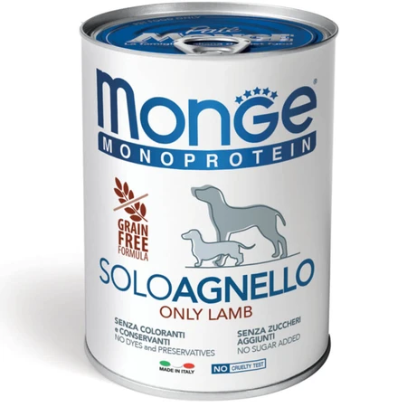 MONGE Monoprotein, XS-XL, Cordero, comida húmeda en lata para perros, sin cereales y con una sola proteína, (paté), 400g