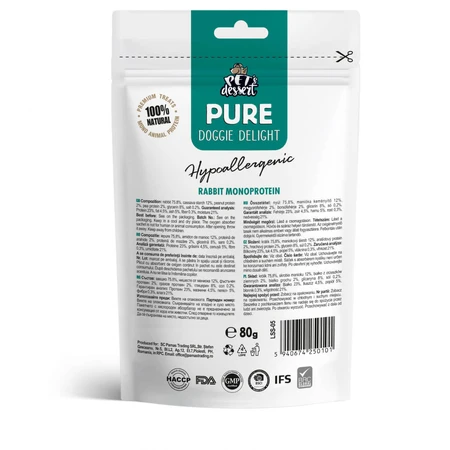 PET'S DESSERT Pure Doggie Delight Hypoallergenic Doggie Delight, XS-XL, Kaninchen, getreidefreier Belohnungsbeutel mit einem Protein, Hunde, Allergien, 80g
