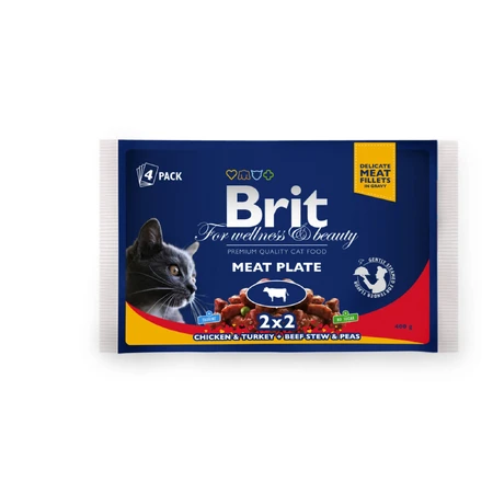 BRIT Premium Multipack Plato de Carne, 2 sabores, envase mixto, sobre de comida húmeda para gatos, (en salsa), 100g x 4