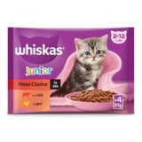 WHISKAS Junior Classic Selections, Rind und Huhn, Sachet Nassfutter für junge Katzen, (in Aspik), Multipack, 85g x 4
