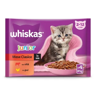 WHISKAS Junior Classic Selections, Rund en Kip, zakje natvoer voor junior katten, (in aspic), multipack, 85g x 4