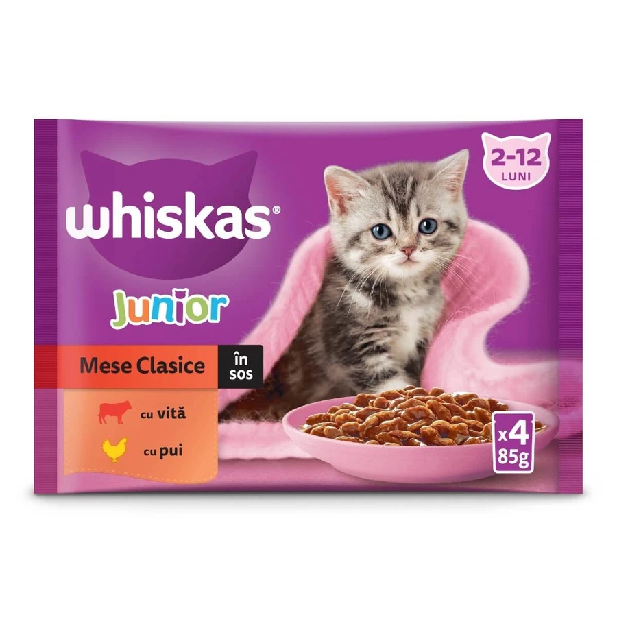 WHISKAS Junior Classic Selections, Rund en Kip, zakje natvoer voor junior katten, (in aspic), multipack, 85g x 4