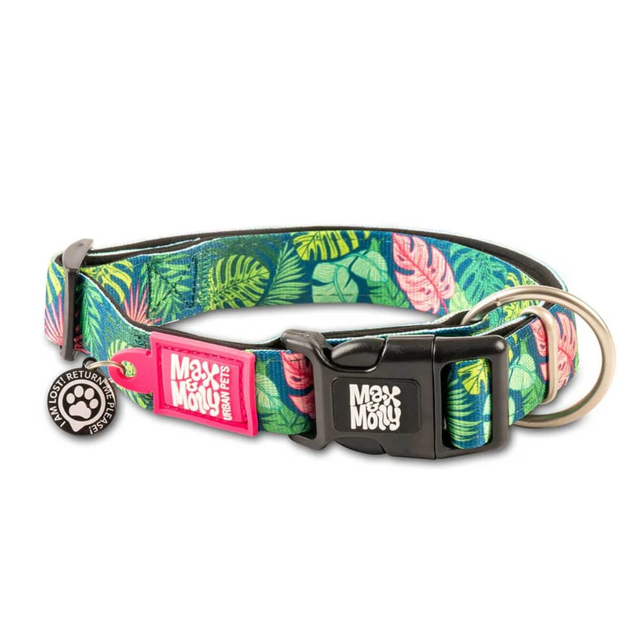 MAX & MOLLY Smart ID Tropical, dog collar, adjustable, polyester, green, trident buckle, XS(22-35 x 1cm)