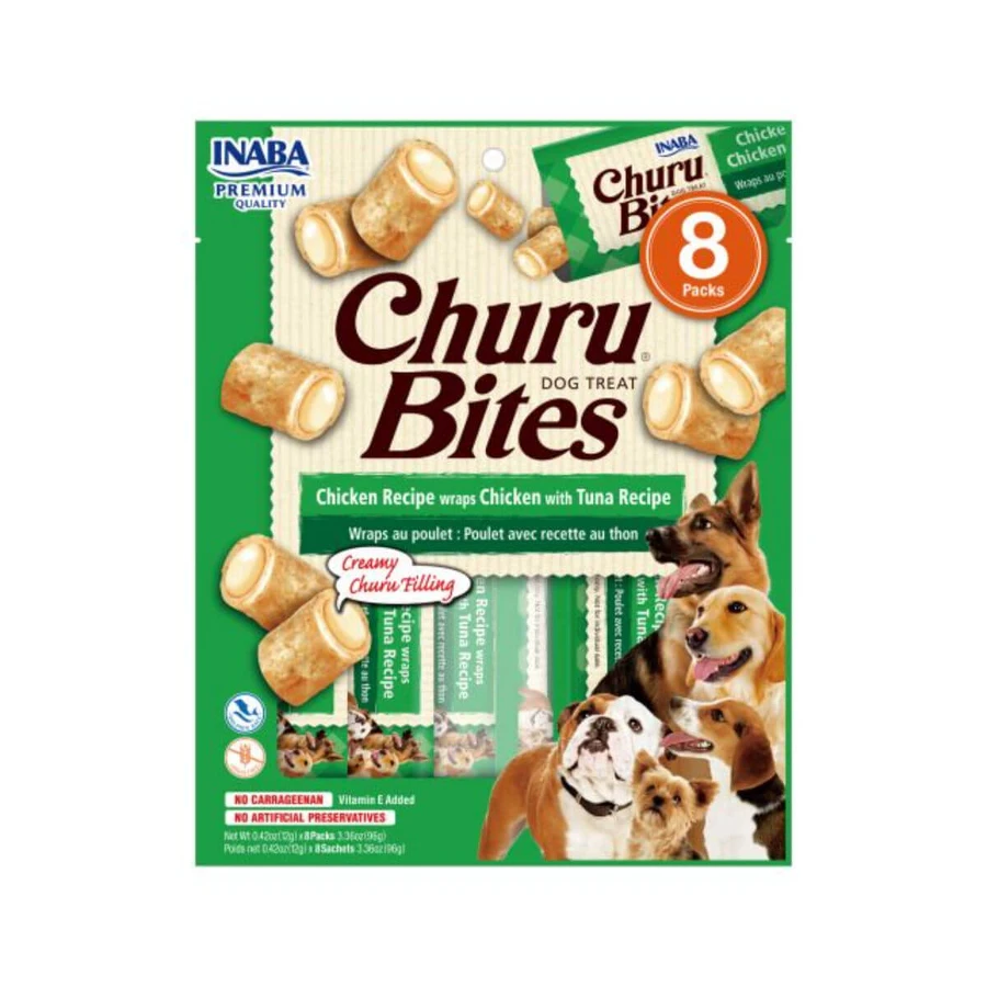 INABA Churu Rolls, XS-XL, Kip en Tonijn, zakje, graanvrije beloning tube honden, 56g