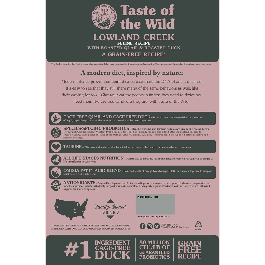 TASTE OF THE WILD Lowland Creek, Codorniz y Pato, pienso seco sin cereales, 6.6kg