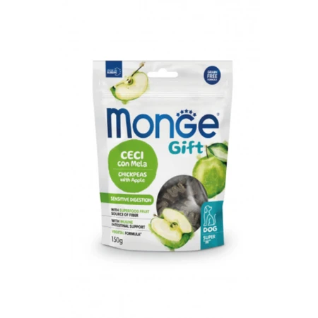 MONGE Gift Super M Gevoelige Spijsvertering, XS-XL, Kikkererwten en Appels, functionele graanvrije beloningszak voor honden, spijsverteringsstelsel, 150g