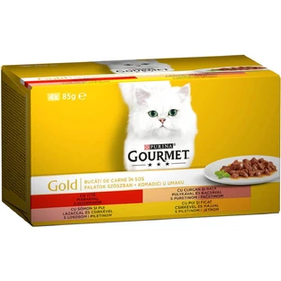 PURINA Gourmet Gold, 4 flavors (Beef, Turkey and Duck, Salmon and Chicken, Chicken and Liver), mixed pack, canned wet cat food, (pieces in sauce), 85g x 4