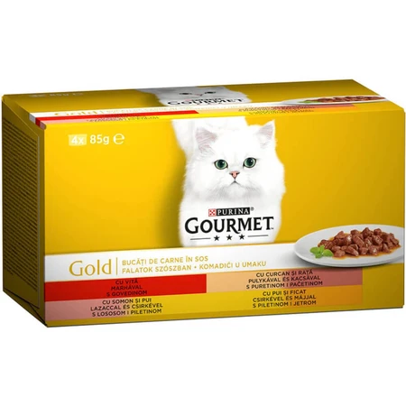 PURINA Gourmet Gold, 4 sabores (Ternera, Pavo y Pato, Salmón y Pollo, Pollo e Hígado), envase mixto, comida húmeda en lata para gatos, (trozos en salsa), 85g x 4