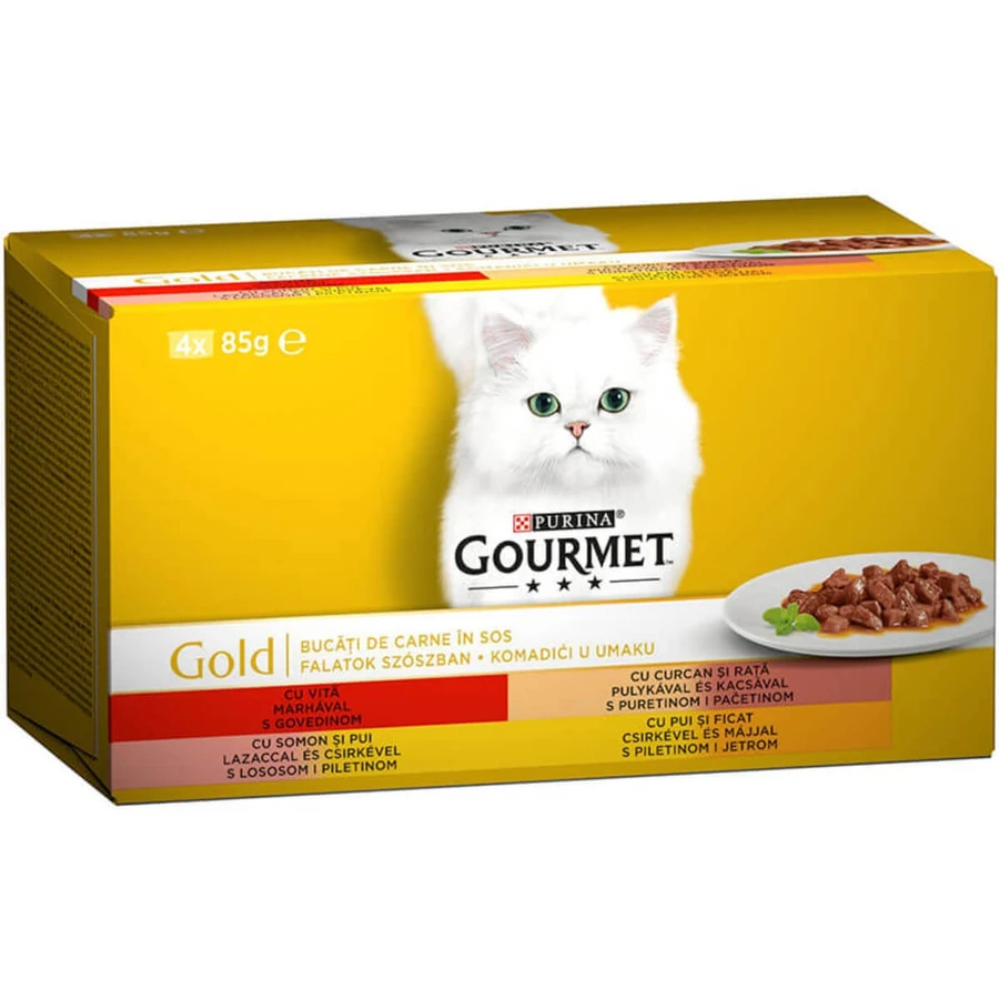 PURINA Gourmet Gold, 4 sabores (Ternera, Pavo y Pato, Salmón y Pollo, Pollo e Hígado), envase mixto, comida húmeda en lata para gatos, (trozos en salsa), 85g x 4