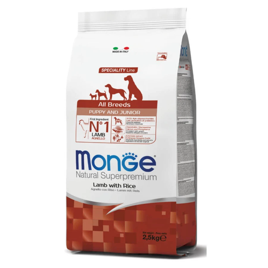 MONGE Natural Superpremium Monoprotein Puppy&Junior, XS-XL, Miel y Arroz, alimento seco para perros junior, 2,5kg