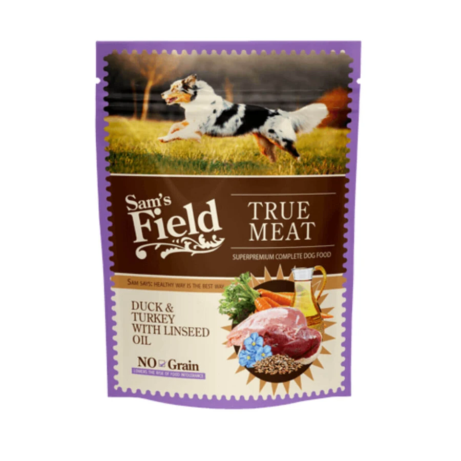 SAM'S FIELD, XS-XL, Eend en kalkoen, zakje graanvrij natvoer voor honden, (in aspic), 260g