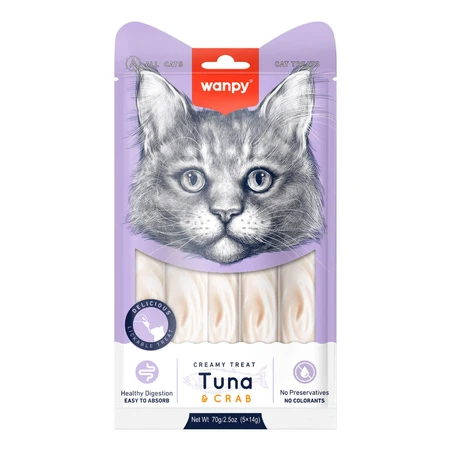 WANPY Creamy Treat, Atún y Cangrejo, bolsa de recompensa para gatos, (puré), 70g