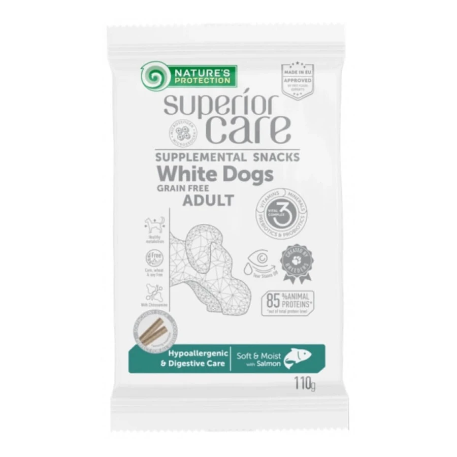 NATURES PROTECTION Superior Care Witbont, Zalm, hypoallergene functionele graanvrije beloningen voor honden met spijsverteringsproblemen, 110g