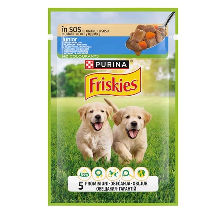 PURINA Friskies Junior, Pollo con zanahoria, sobre comida húmeda para perros, (en salsa), 85g