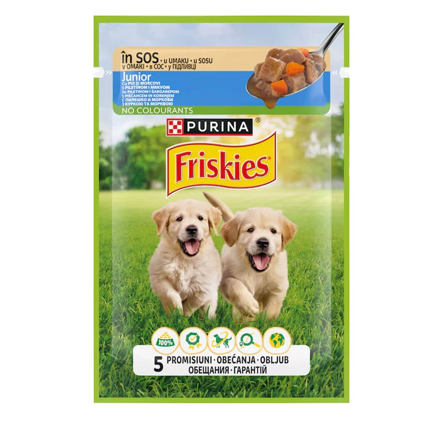 PURINA Friskies Junior, Pollo con zanahoria, sobre comida húmeda para perros, (en salsa), 85g