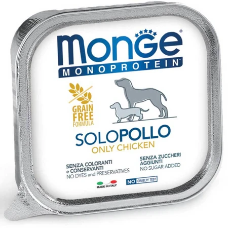 MONGE Monoprotein, XS-XL, Kip, tray, enkelvoudig eiwit, graanvrij natvoer voor honden, (paté), 150g