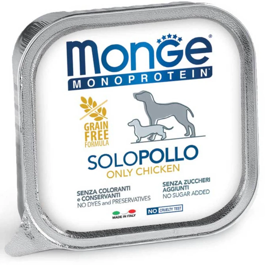 MONGE Monoprotein, XS-XL, Kip, tray, enkelvoudig eiwit, graanvrij natvoer voor honden, (paté), 150g