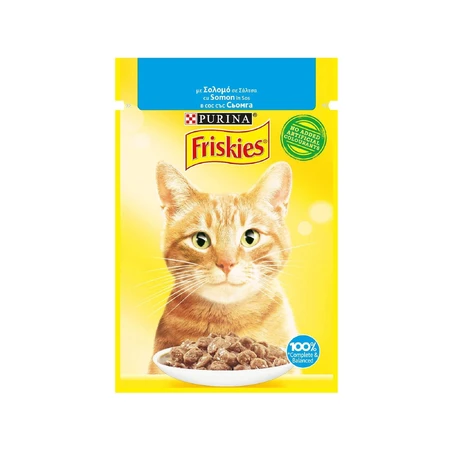 PURINA Friskies Adult, Salmón, sobre comida húmeda para gatos, (en salsa), 85g