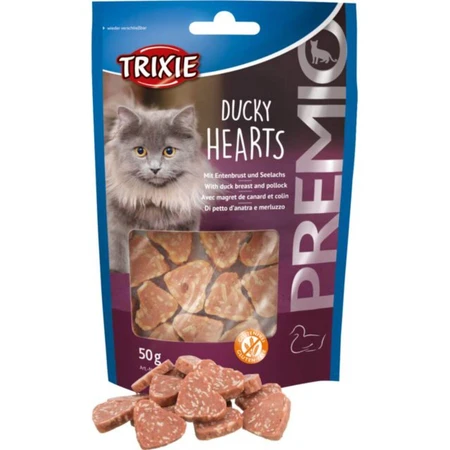 TRIXIE Premio Hearts, Ente und Kabeljau, getreidefreier Belohnungsbeutel für Katzen, 50g
